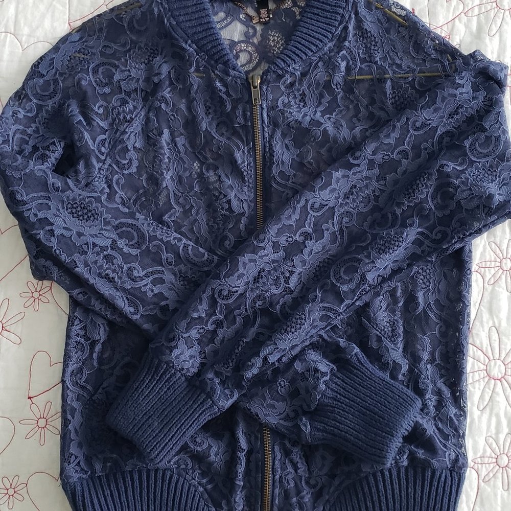 Victoria's Secret navy lace bomber-style zip-up jacket, size xs